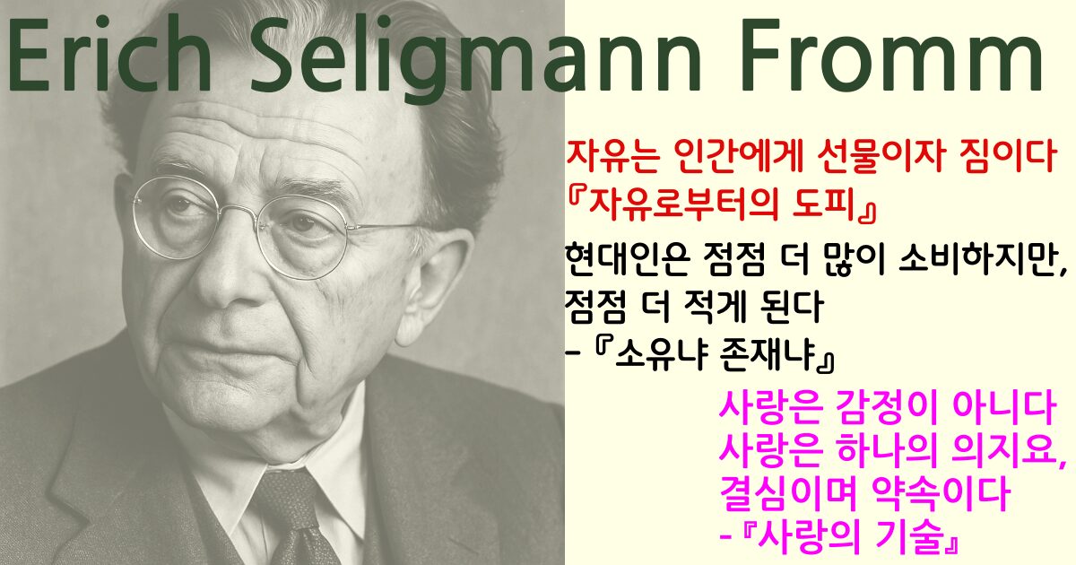 에리히 프롬의 흑백 초상과 함께 그의 대표 명언 세 가지가 담긴 이미지. 자유, 소비, 사랑에 대한 통찰을 전하고 있다.