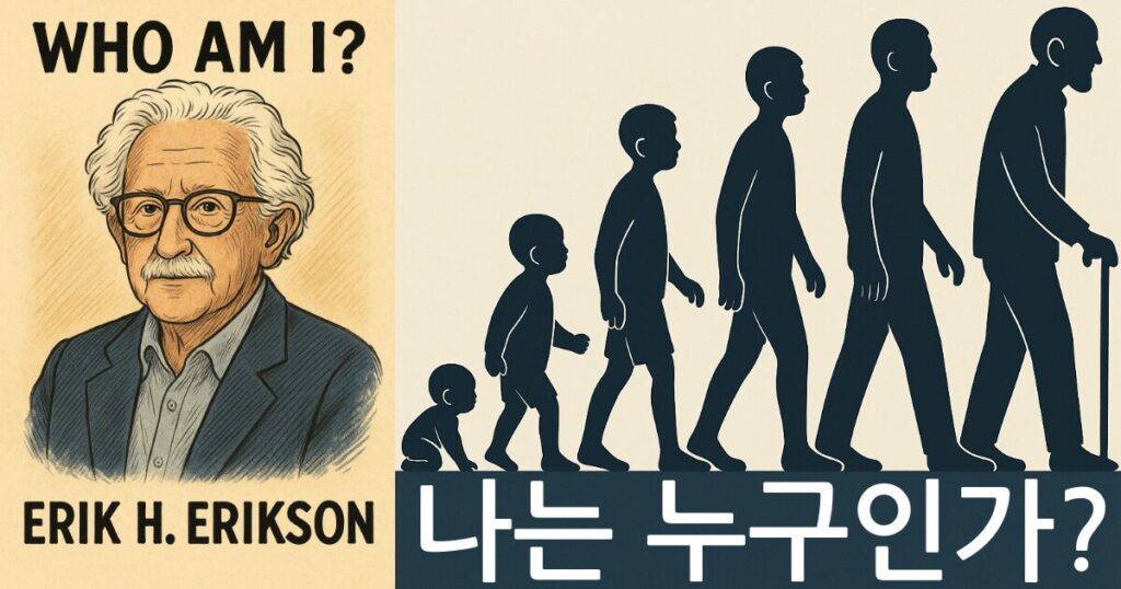 심리학자 에릭 에릭슨의 대표 개념 요약 에릭 에릭슨의 초상화 일러스트와 인간발달단계의 그림