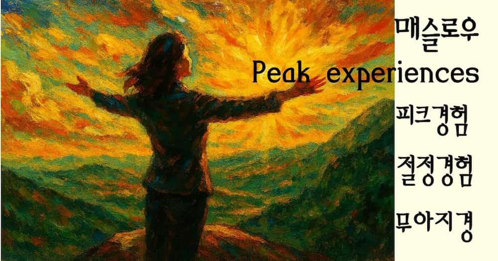 Peak Experience(피크경험)이라는 텍스트와 함께 매슬로우의 이론을 상징하는 여성 실루엣과 일출의 유화 이미지