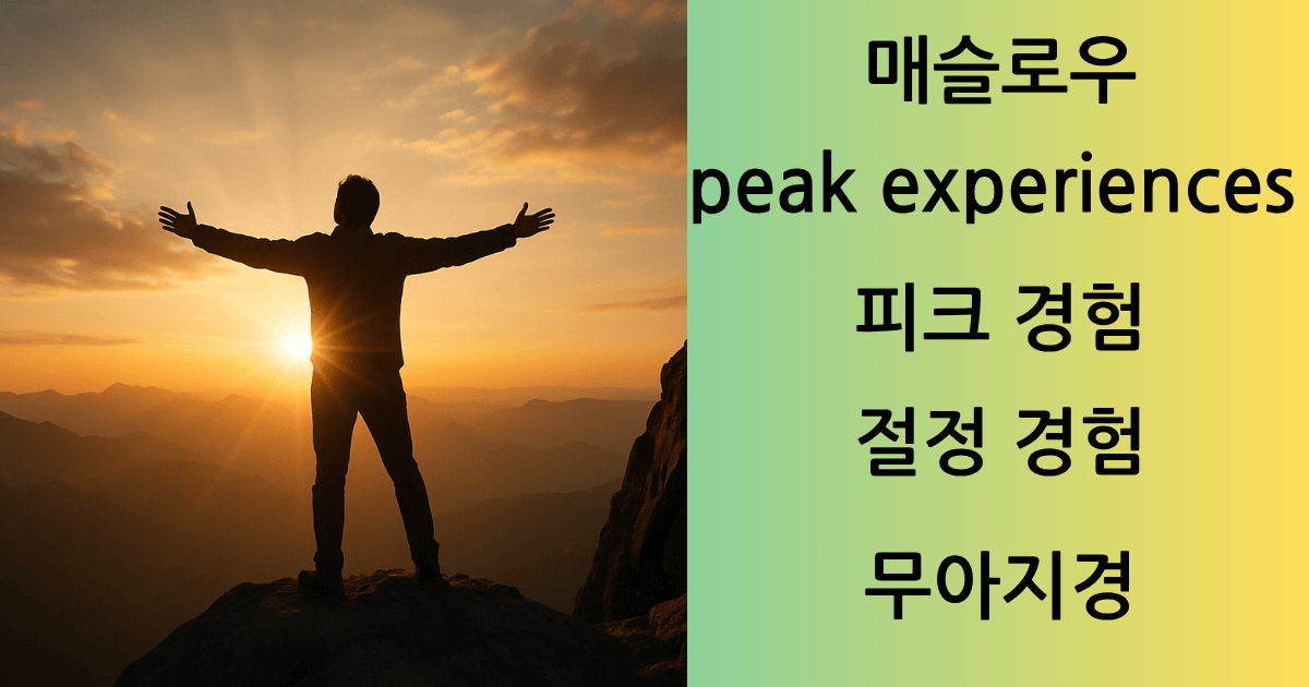산 정상에서 환호하는 사람과 함께 '피크 경험', '절정 경험', '무아지경'이라는 단어가 적힌 이미지