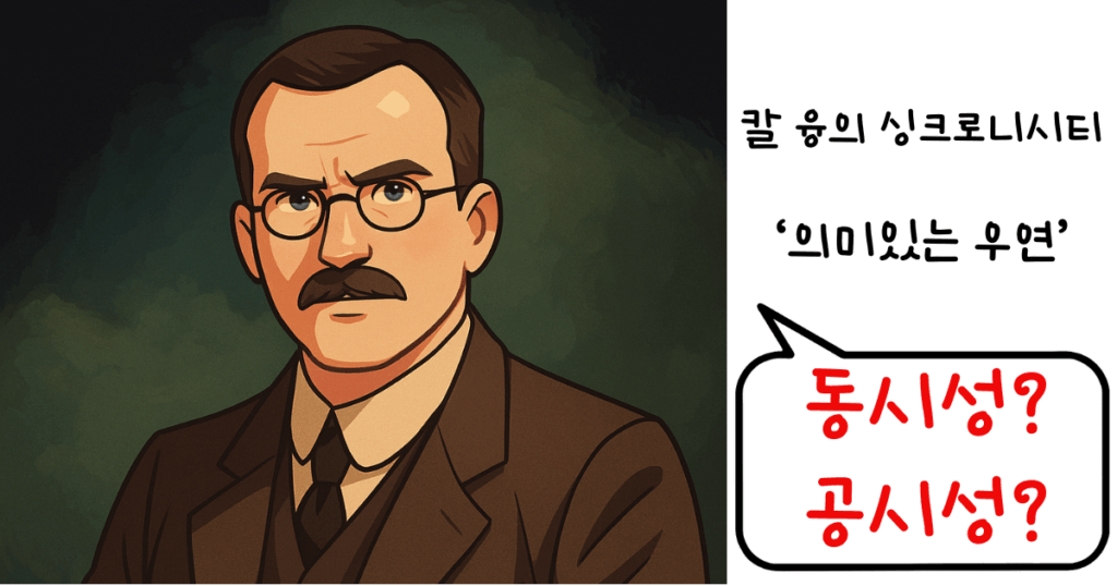 칼 융의 싱크로니시티 개념 칼 융의 일러스트와 함께 ‘의미 있는 우연’이라는 문구가 쓰여 있고, 말풍선 안에는 ‘동시성? 공시성?’이라는 질문이 강조된 이미지
