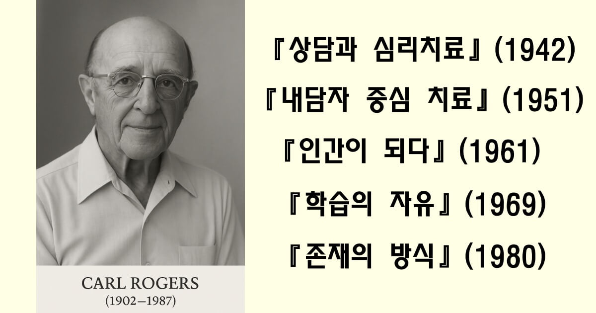 칼 로저스의 삶을 보여주는 대표 저서 목록과 초상 이미지
